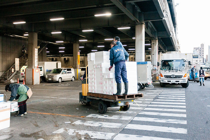 清晨在鱼市。装载机将成箱的海鲜运往筑地鱼市(Tsukiji Fish Market)。